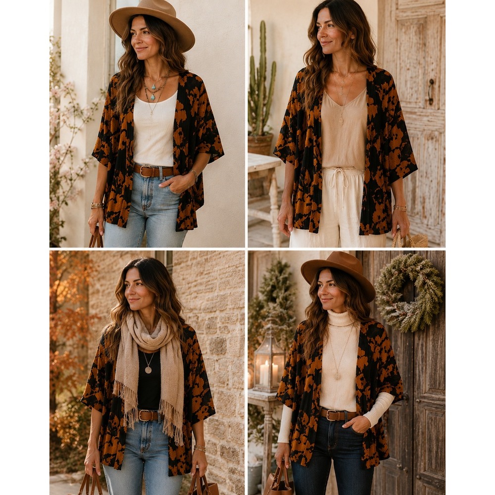 Susan Graver Open Cardigan Women M 3/4 Sleeve Mesh Floral Amber Black Bohemian